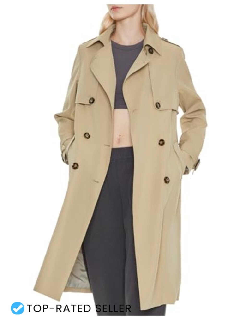 Women's Long Trench Coat Double-Breasted Belted Water Resistant Polyester